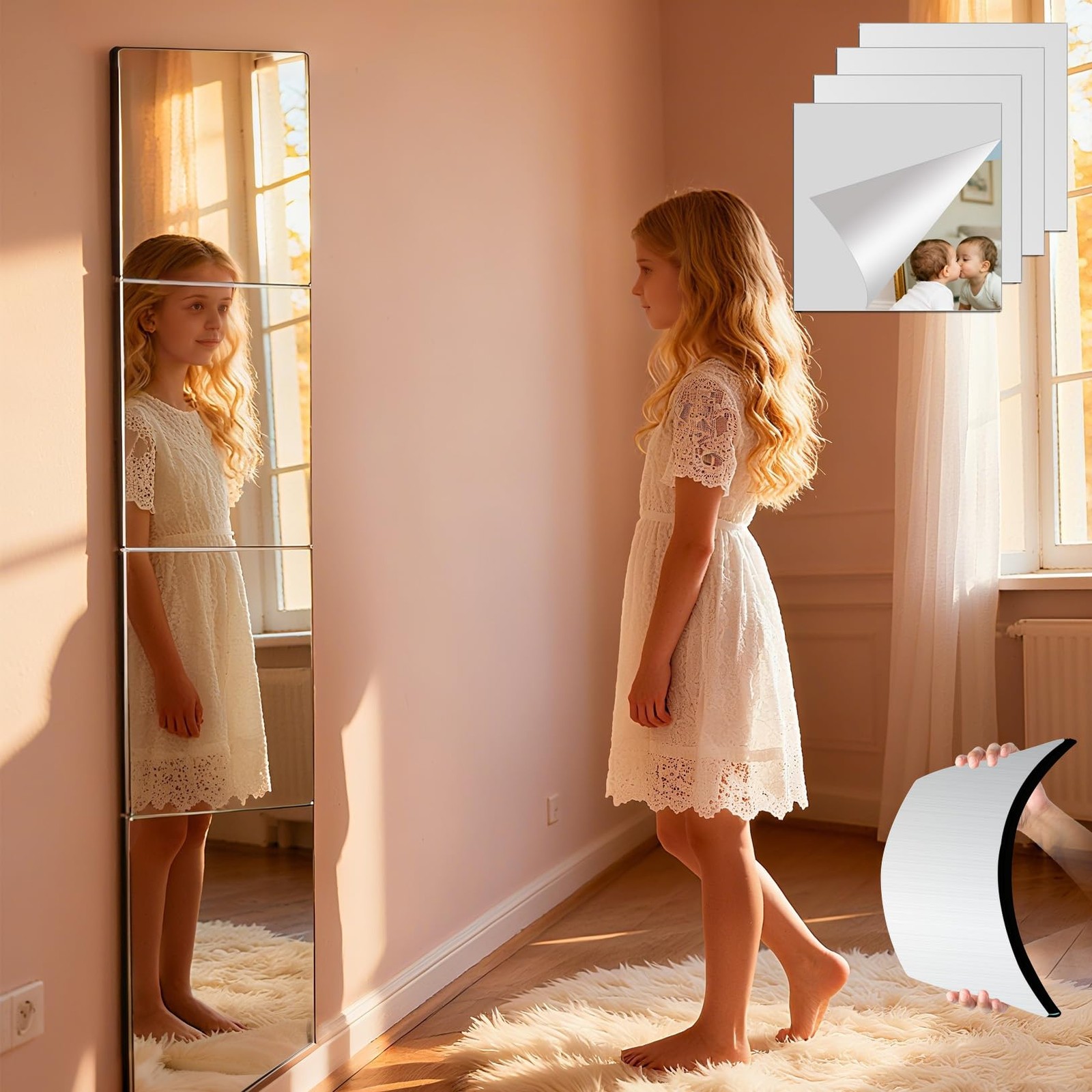 Unbreakable Kids Mirror Tiles for Wall Decor, 4 PCS 8 x 8 Inches Toddler Mirr…