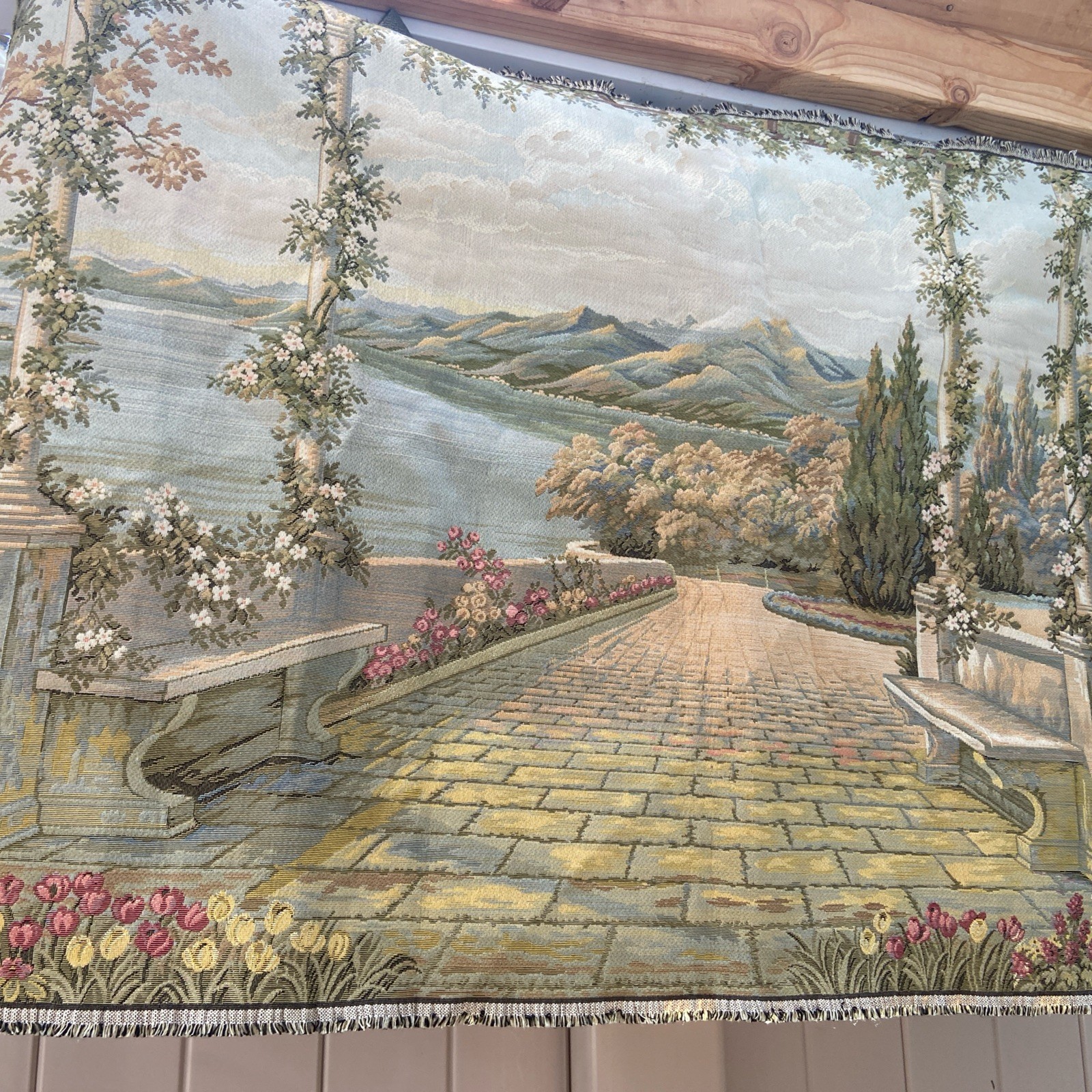 VTG Gobelin Pictorial Woven Wall Tapestry European Lake Como Terrace Garden Art