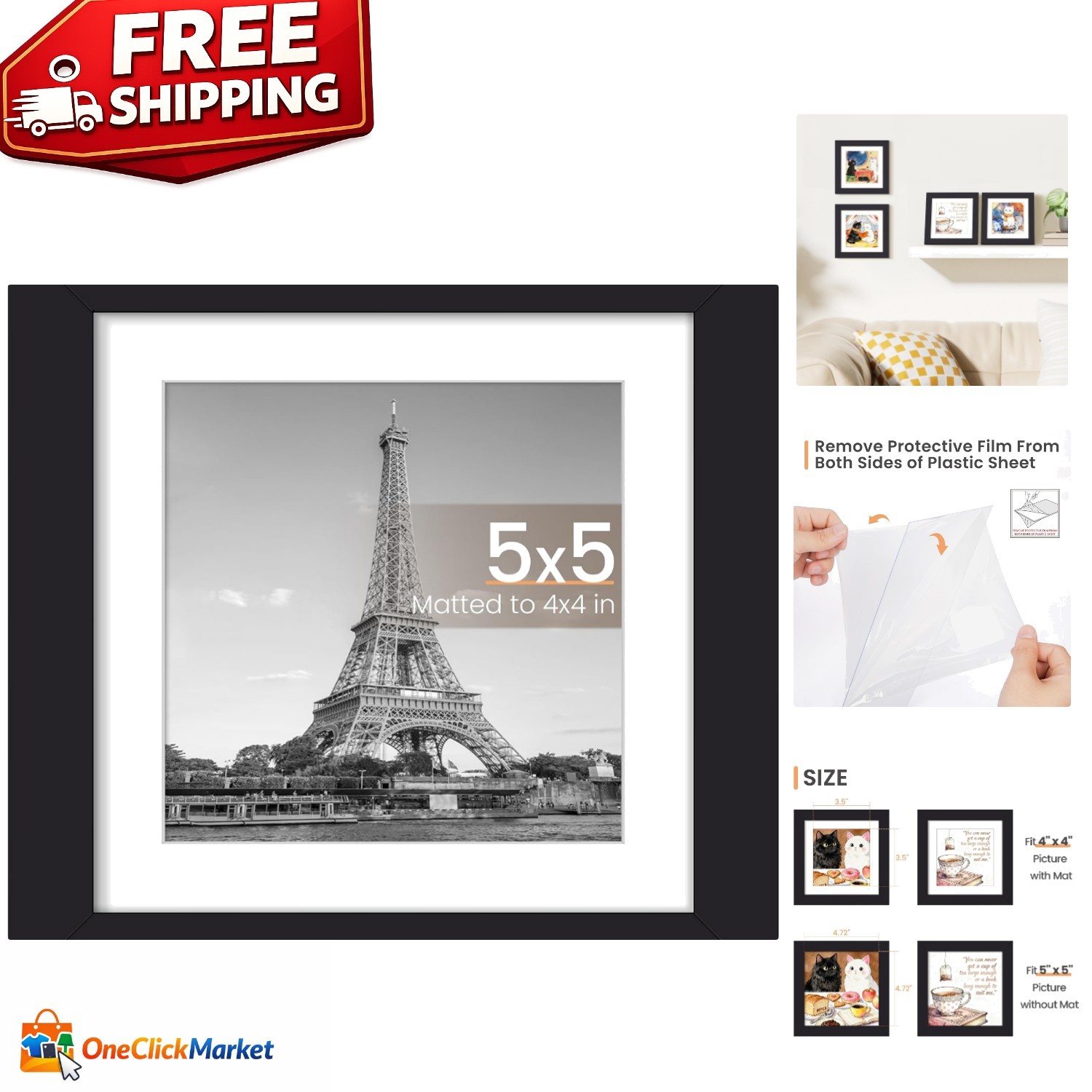 Elegant 5×5 Black Picture Frame for 4×4 Photos – Classic Matted Design