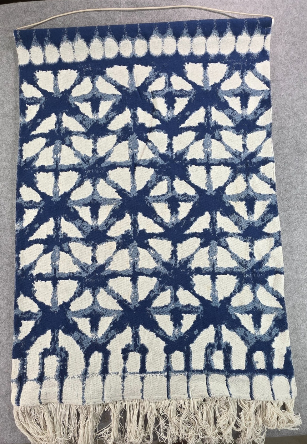Indigo Blue Wall Hanging Tapestry Woven Cotton Fringe Boho Tie Dye Art 51&Prime;x35&Prime;