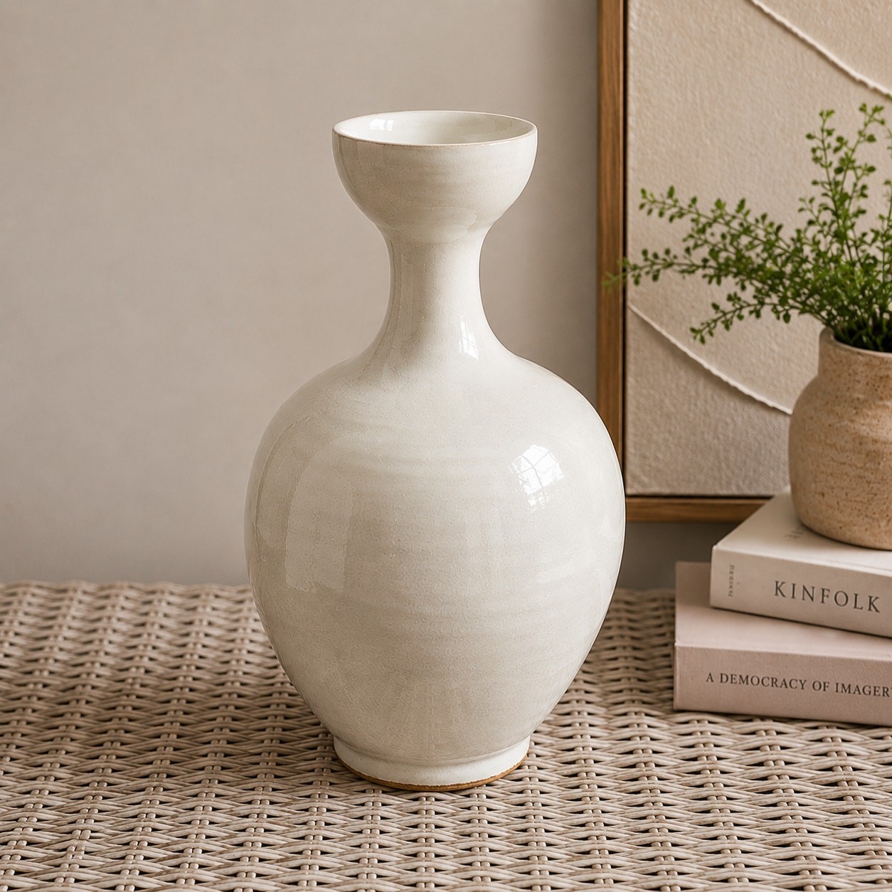 Vintage White Glazed Stoneware Bottle Vase Handmade Asian Style 12&Prime; Heavy 4.5 Lb
