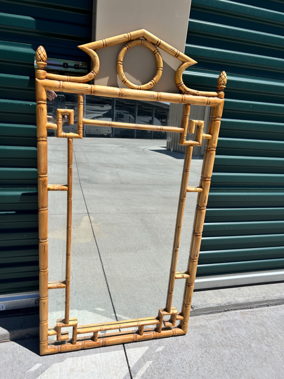 Vintage Asian Faux Bamboo Greek Key Pagoda Chinoiserie Wall Mirror 49”h