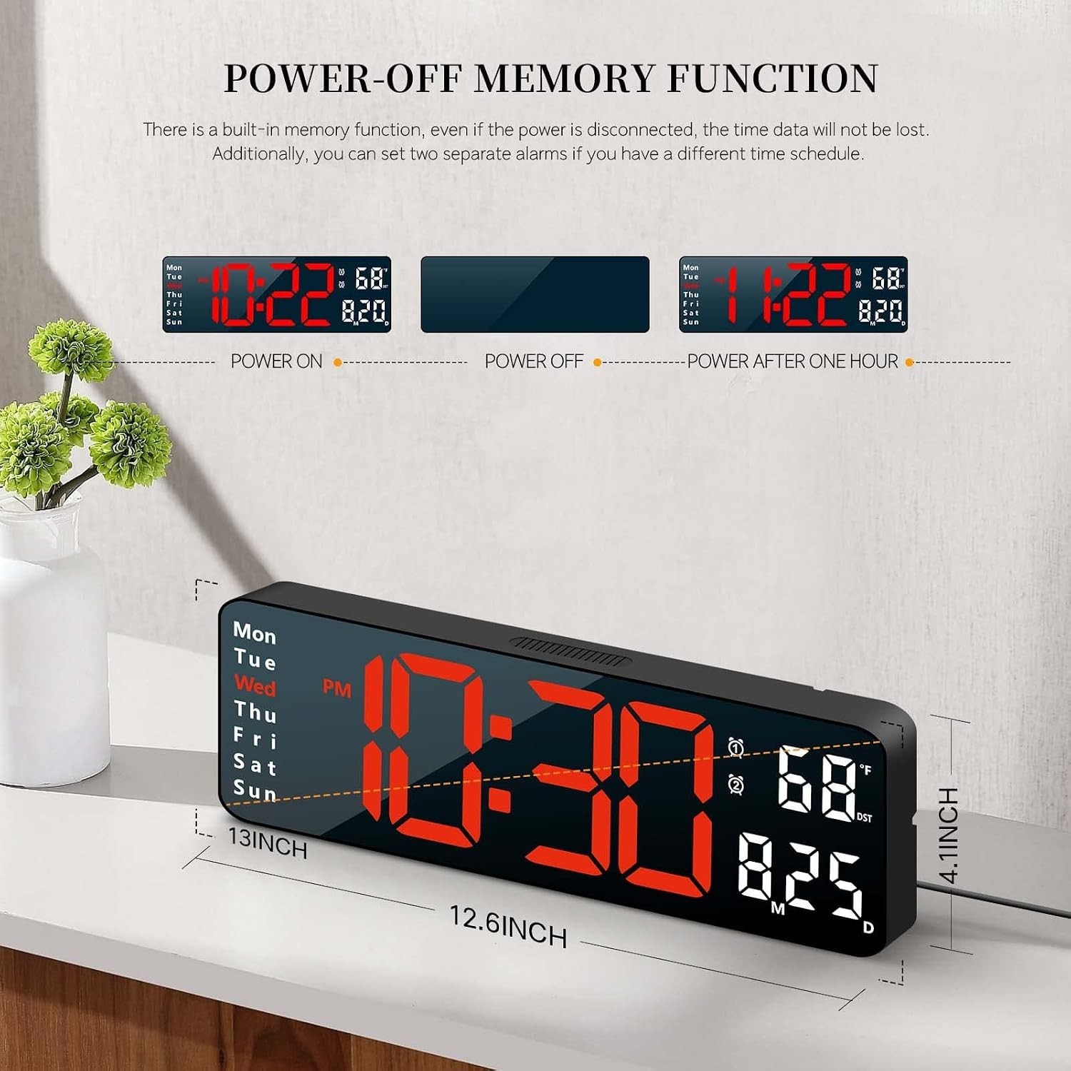 Elegant Wall Clock with Automatic Brightness & Memory Function – 13 Inches