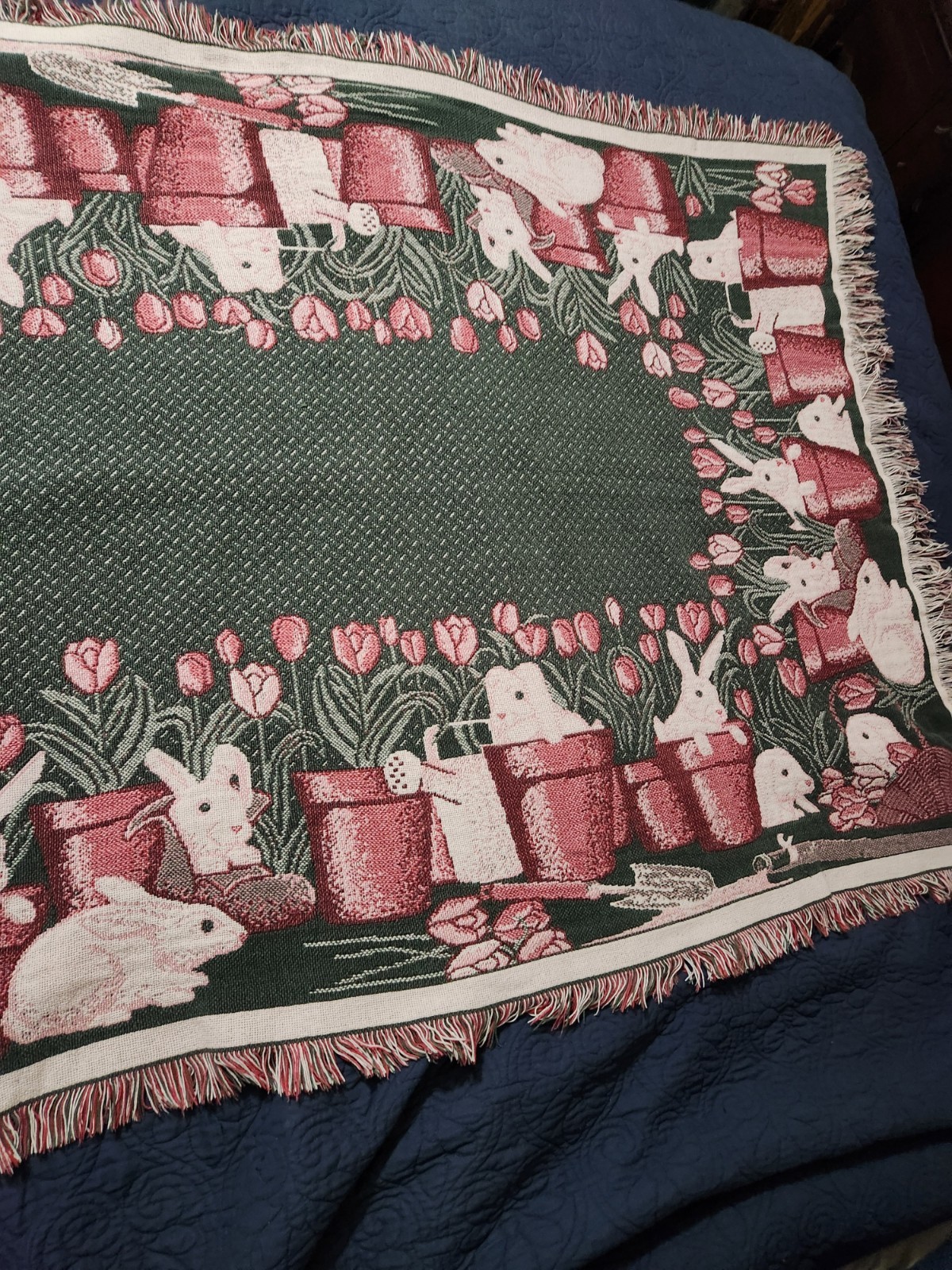Vintage 1994 WWM Bunny Gardening Tapestry Throw Blanket Tulip Border 46×68
