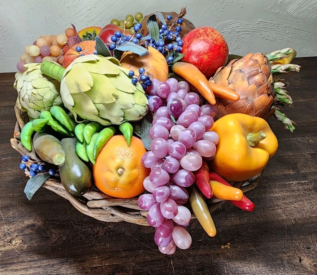Vintage Assorted Faux Fruit 40 +Pieces Basket Included MCM Still Life Decor