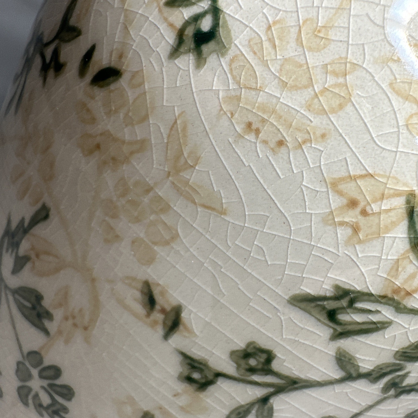 Ceramic Vase Rustic Floral Beige Tan Green Glazed Crack Chinoiserie Tuscan Decor