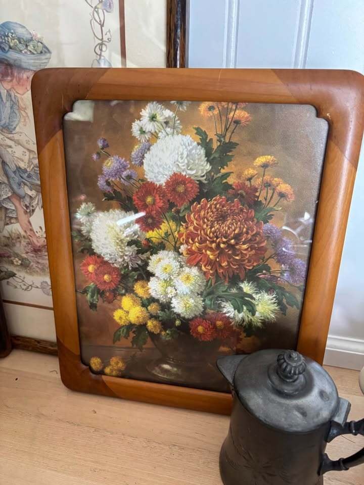 Vintage Floral Still Life Print in Mid-Century Wood Frame Cottagecore Home Décor