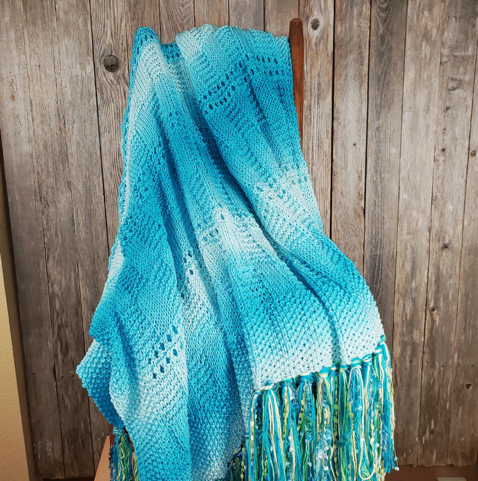 NEW Turquoise Blue Ombre Handmade Knitted Afghan Throw Knit Gift Decor Whimsy