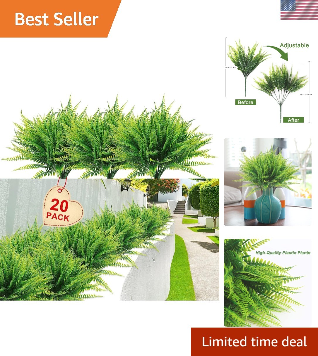 Outdoor Artificial Boston Fern Plants Bushes 20Packs Faux Plants Shrubs Green…