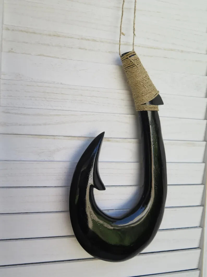 Hawaiian Hand Made Wall Decor Solid Black Wood Polynesian Tribal Fish Hook