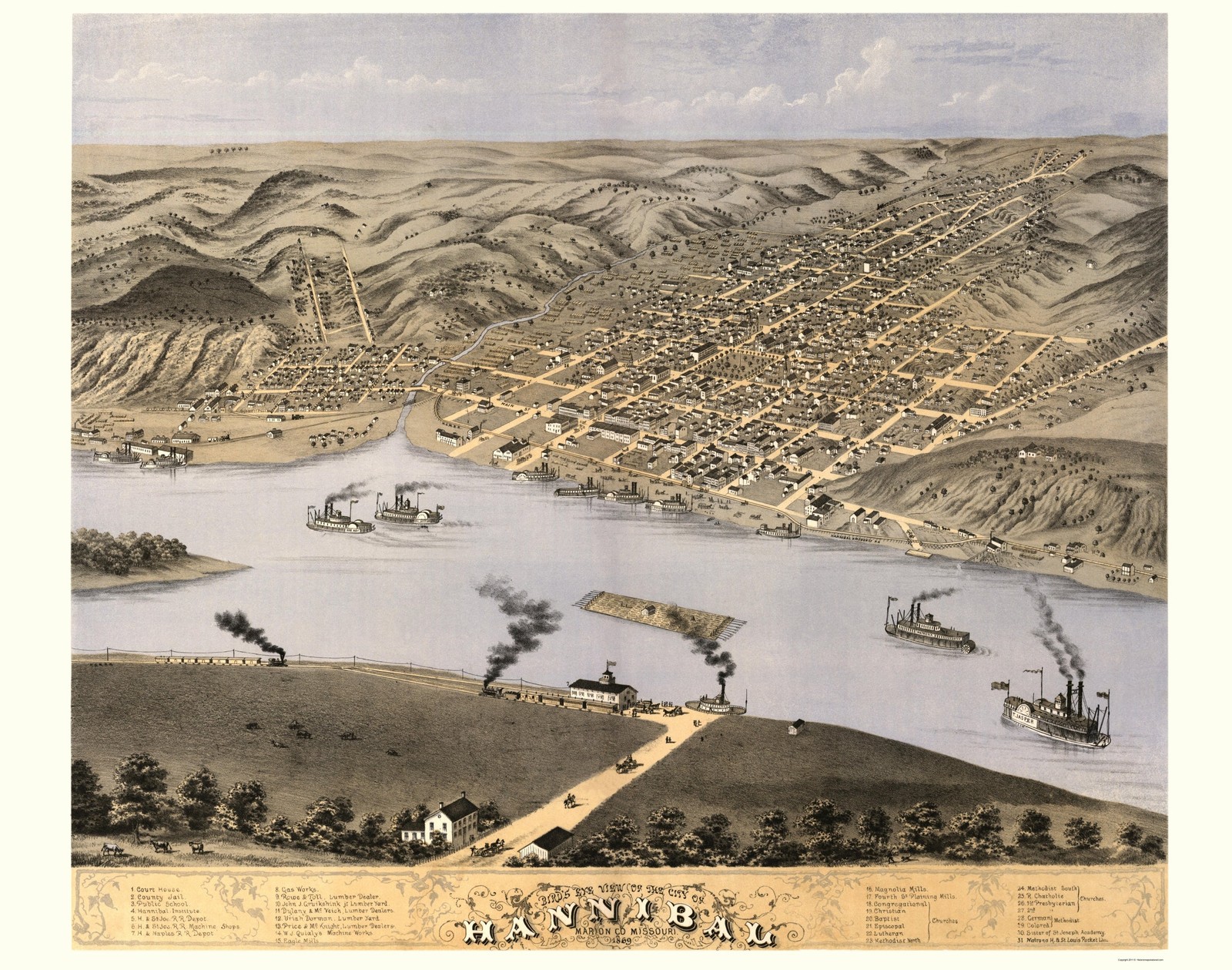 Historic Panoramic View – Hannibal Missouri – Ruger 1869 – Vintage Wall Art