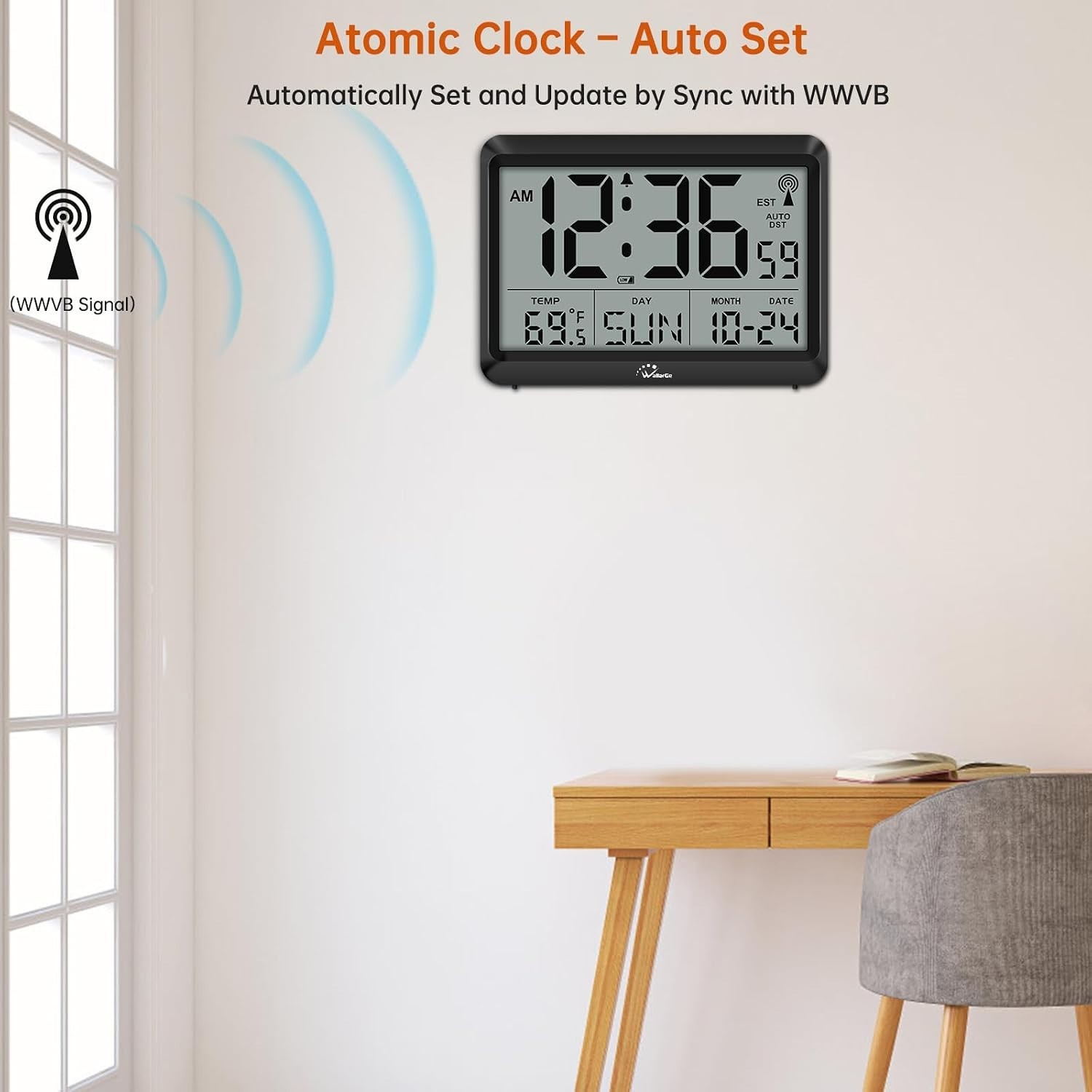 Elegant Atomic Digital Clock, Silent Operation with Large Clear Display & Alarm