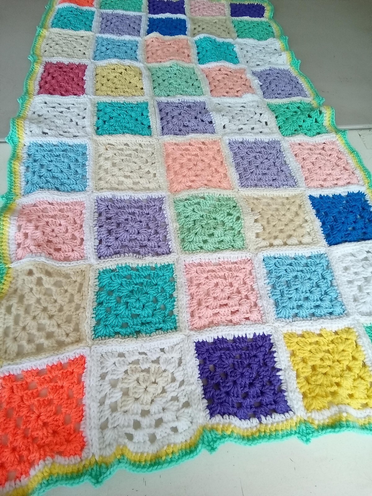 Baby Blanket Granny Square 32 x 57&Prime; hand made crocheted Shower Gift New Unisex