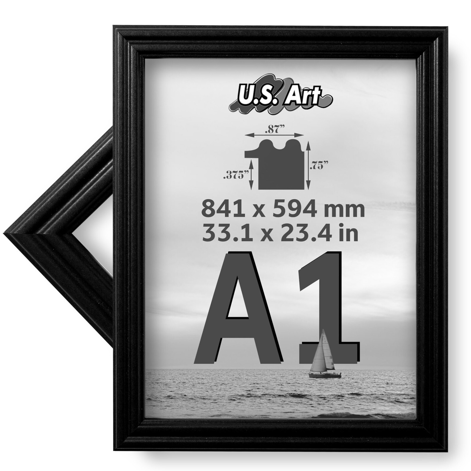 US Art Picture Frame A1 to A6 Paper Size – 0.75&Prime; Wide Poplar Wood – Black