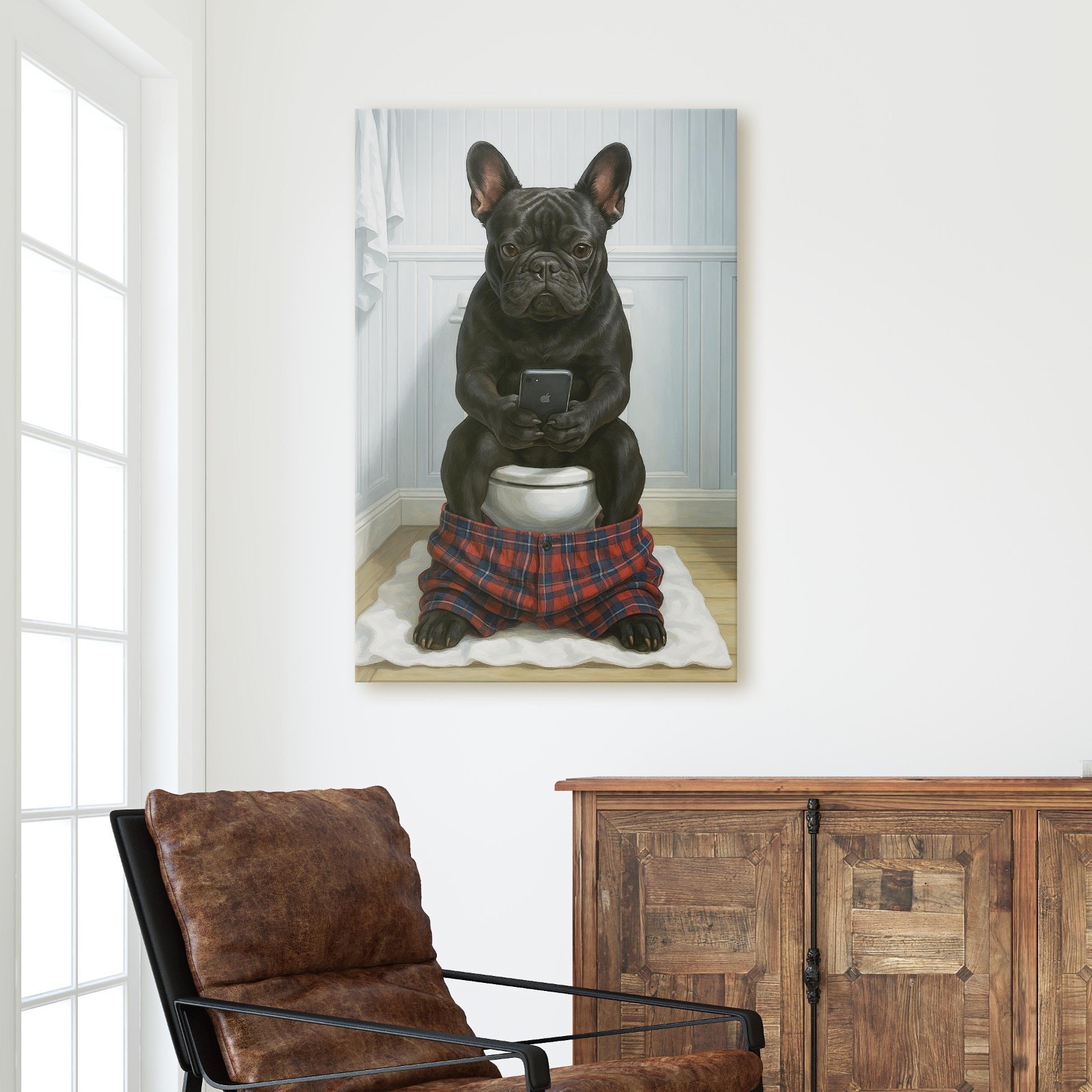 French Bulldog On The Phone On The Toilet Funny Bathroom Canvas Wall Art Print