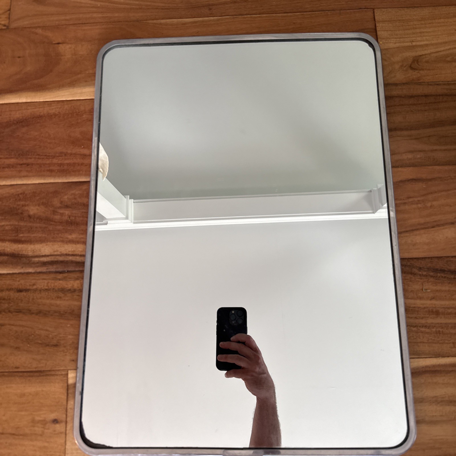VTG MCM Stainless Steel Framed Bathroom Mirror Rounded Wall Hanging Rectangle