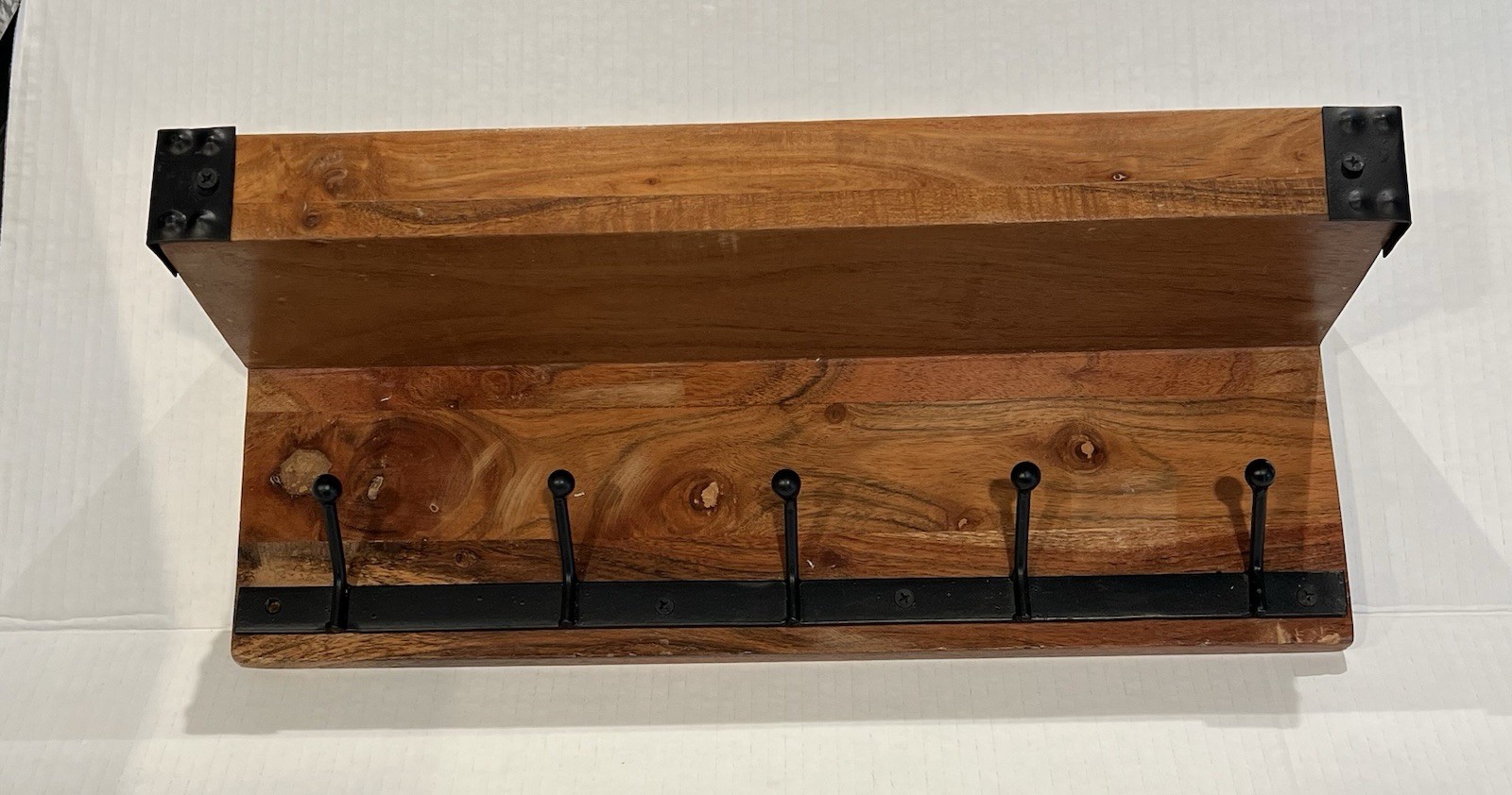 Wood And Metal Shelf With 5 Key Hooks Industrial Modern Coat Rack