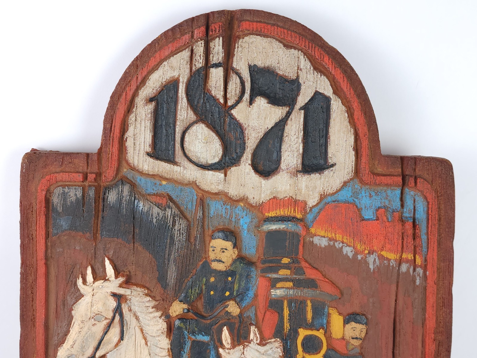 Vintage Faux Carved Wood Foam 1871 Chicago Fire Wall Plaque Firefighter Sign 20&Prime;