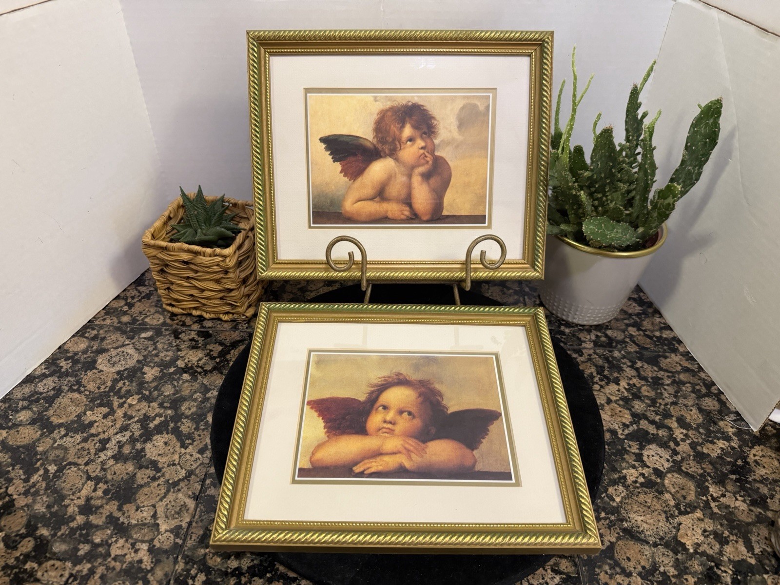 Set of 2 Framed Raphael Cherub Angel Prints Gold Tone Frames 13×13”