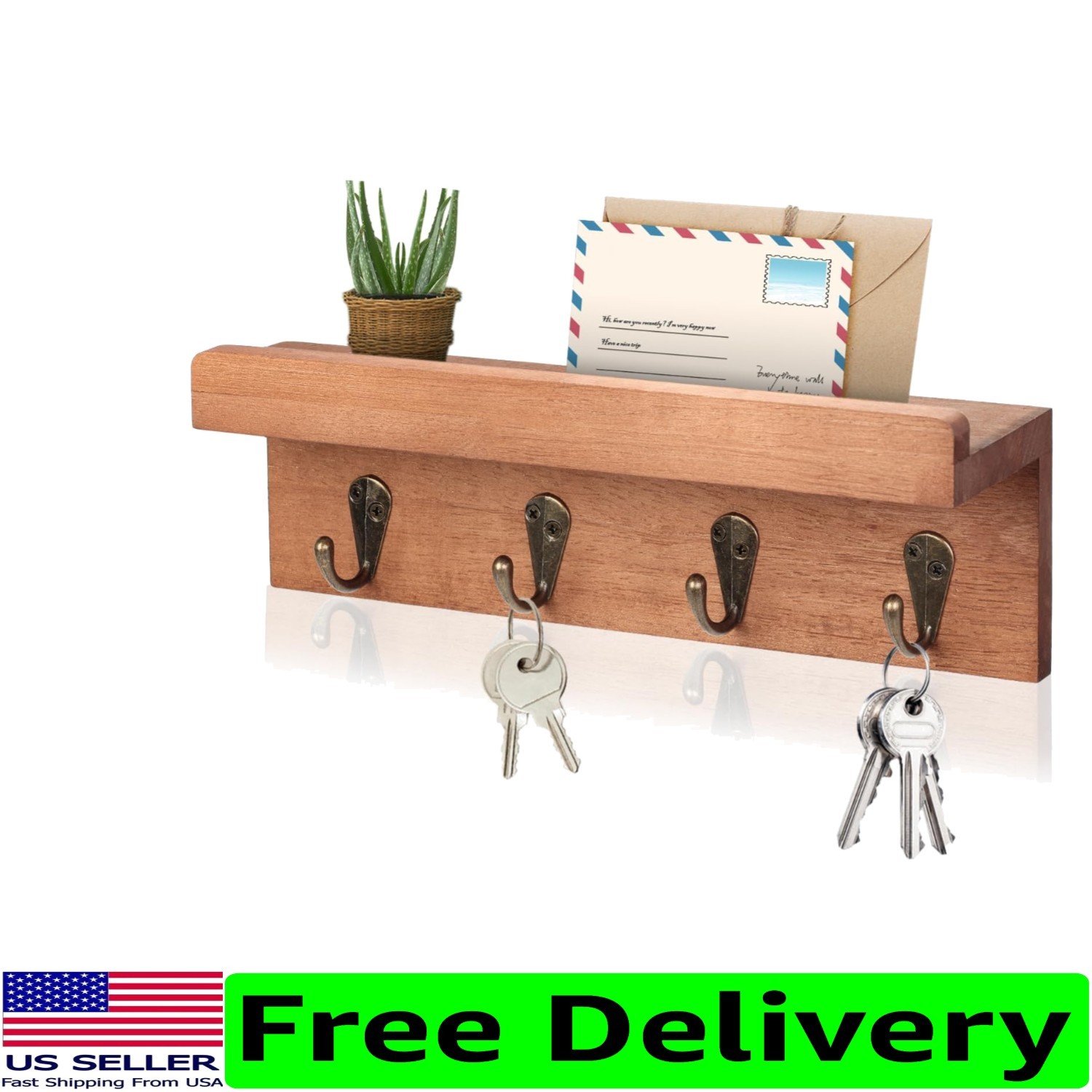 Farmhouse-Inspired Wooden Key Rack with 4 Versatile Hooks Brown Oak Finish