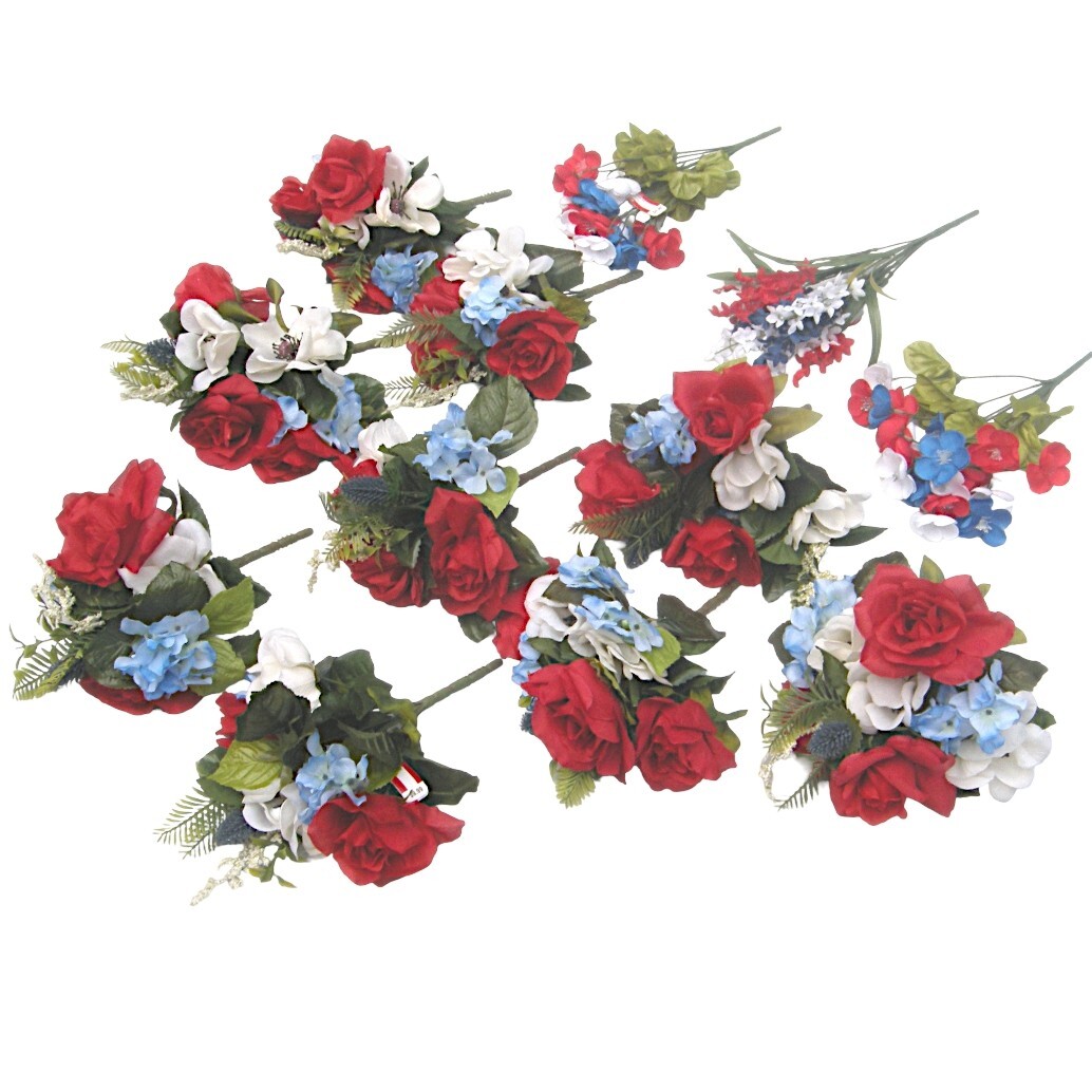Silk Flower Lot of 12 Bushes 12&Prime; Patriotic Red White Blue Florist Quality