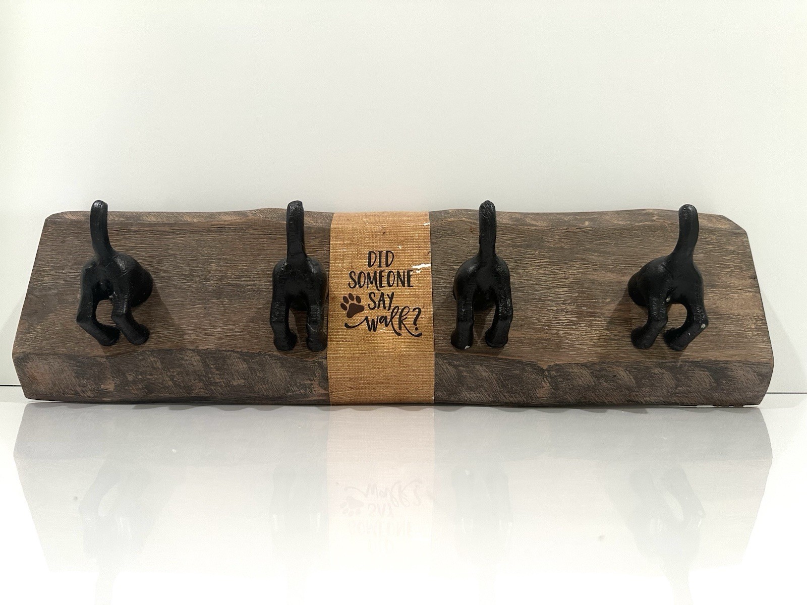 New Wood Key Holder Wall Shelf Black Iron Dog Tail Leash & Coat Rack 17×5