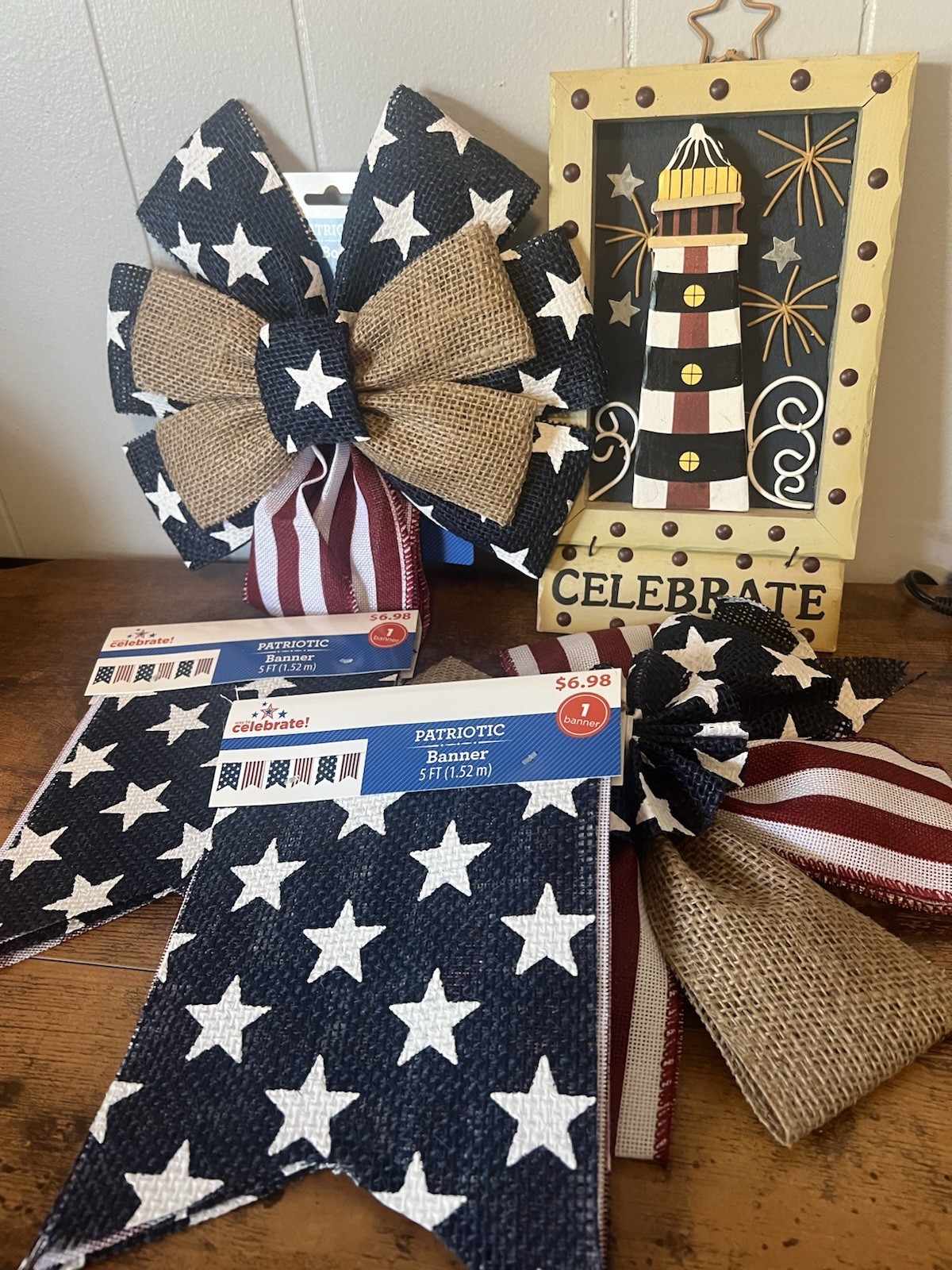 Patriotic Decor, Lot of 2 Bows, 2 Banners, Plaque, RED, WHITE & BLUE, New