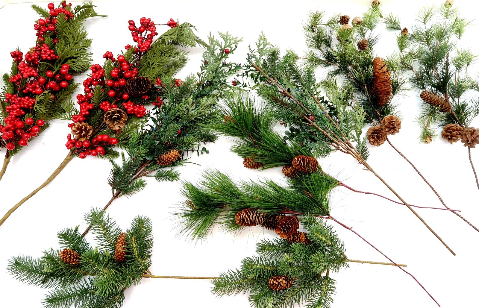 x10 Faux Pine Cone Branches with Holly 17&Prime; long to 29&Prime; long ~ Nice Mixed Lot!!
