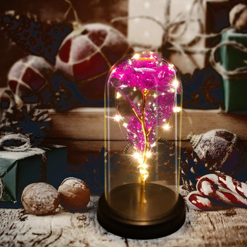 Preserved Eternal Galaxy Rose In Glass Flower Dome LED Light Valentines Gifts