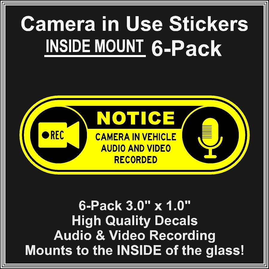 Camera in Car Recording Video 6-Pack INSIDE MOUNT Decals Black Yellow 3&Prime; x 1&Prime;