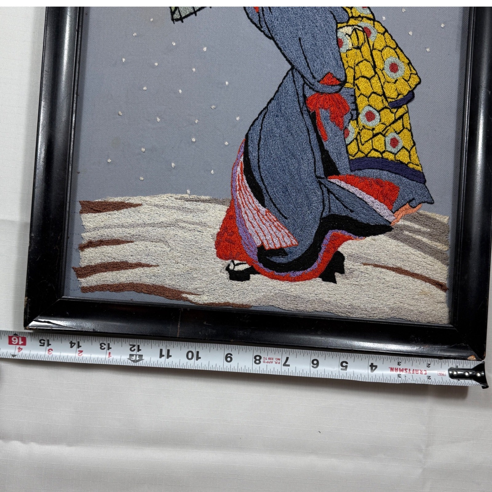 Vintage Asian Japanese Hand Geisha Wall Art Crewel Kimono & Wagasa *see pics**