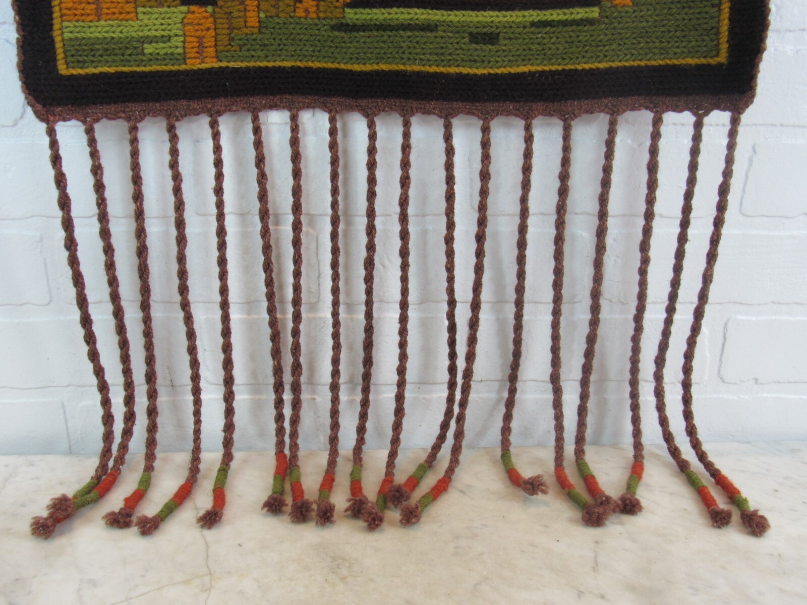 VINTAGE HAND WOVEN NEEDLEWORK WALL HANGING BOHO MID CENTURY 46&Prime;