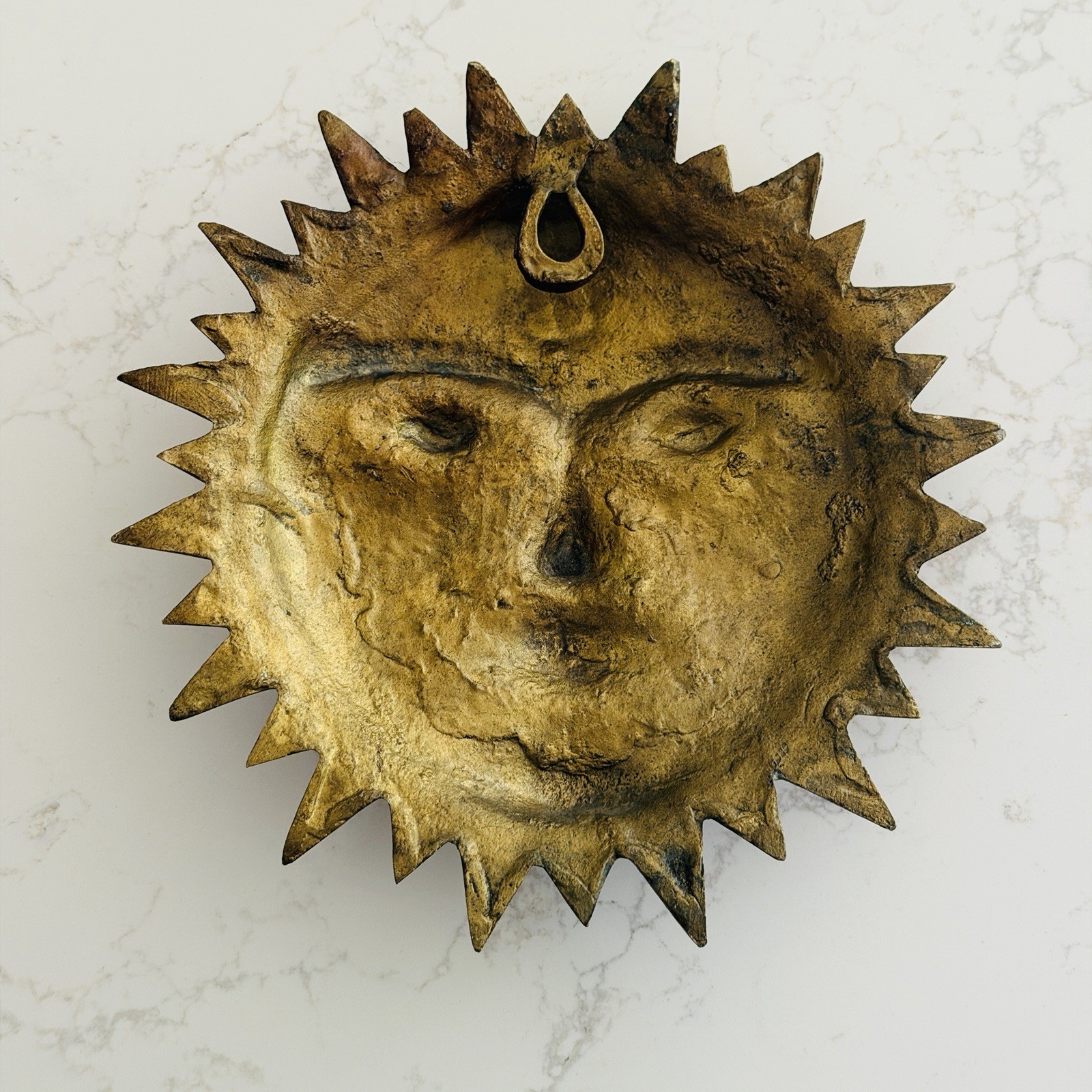 Vintage Celestial Sun Face Wall Plaque Cast Brass Metal With Patina 8&Prime; Diameter