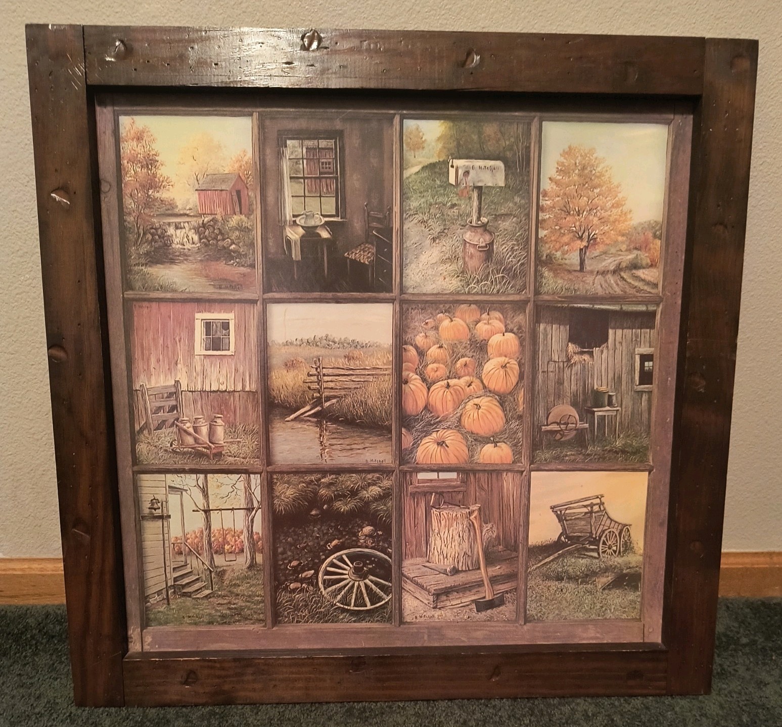 Homco B Mitchell Rustic 12 Window Pane Farm Picture Prints Wood Frame VTG Read
