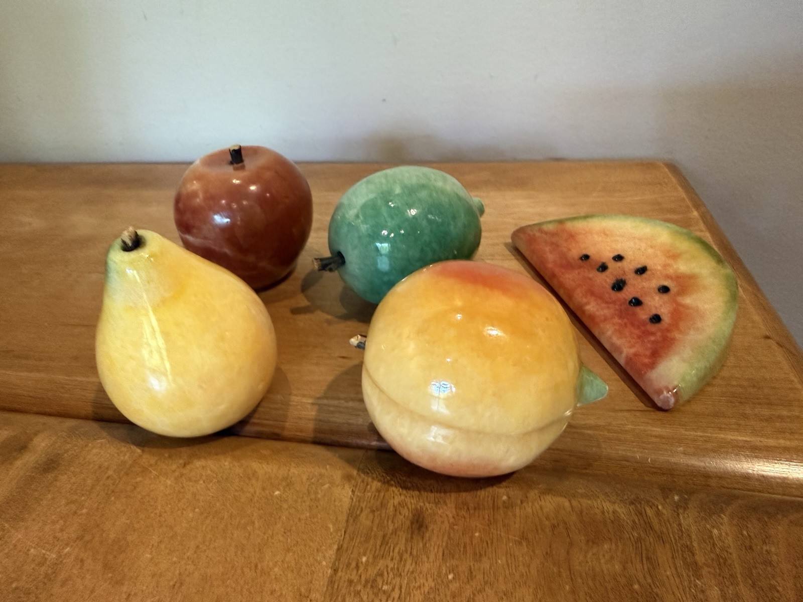 Alabaster Marble Stone Fruit, Watermelon, Pear, 2 Apples, Peach Lot of 5