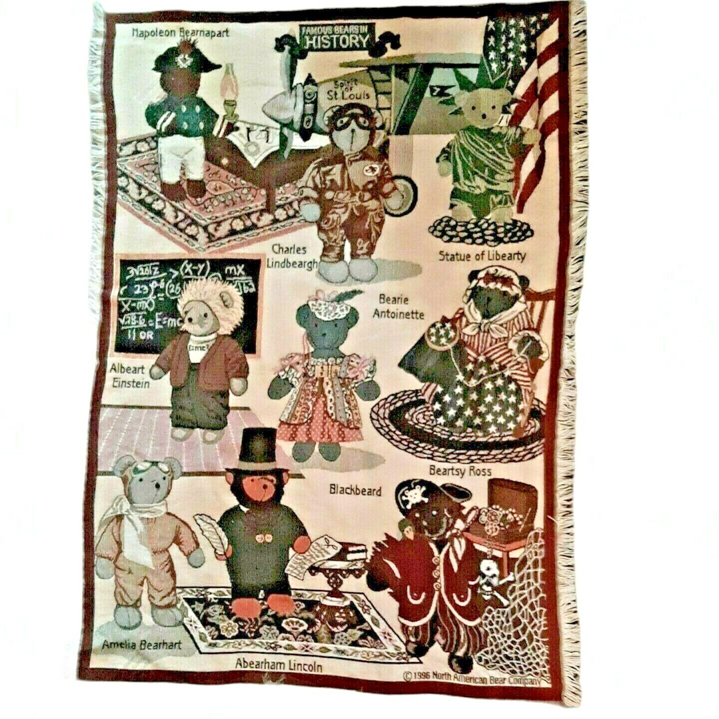Famous Bears in History Tapestry Afghan Blanket Throw 43&Prime; x 64&Prime; Vintage 1996