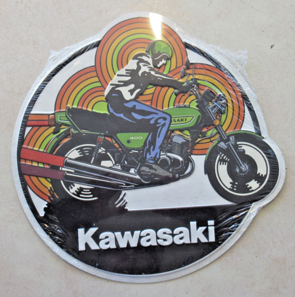 Kawasaki Motorcycle Round Embossed Metal Retro Sign 12&Prime; x 12&Prime;