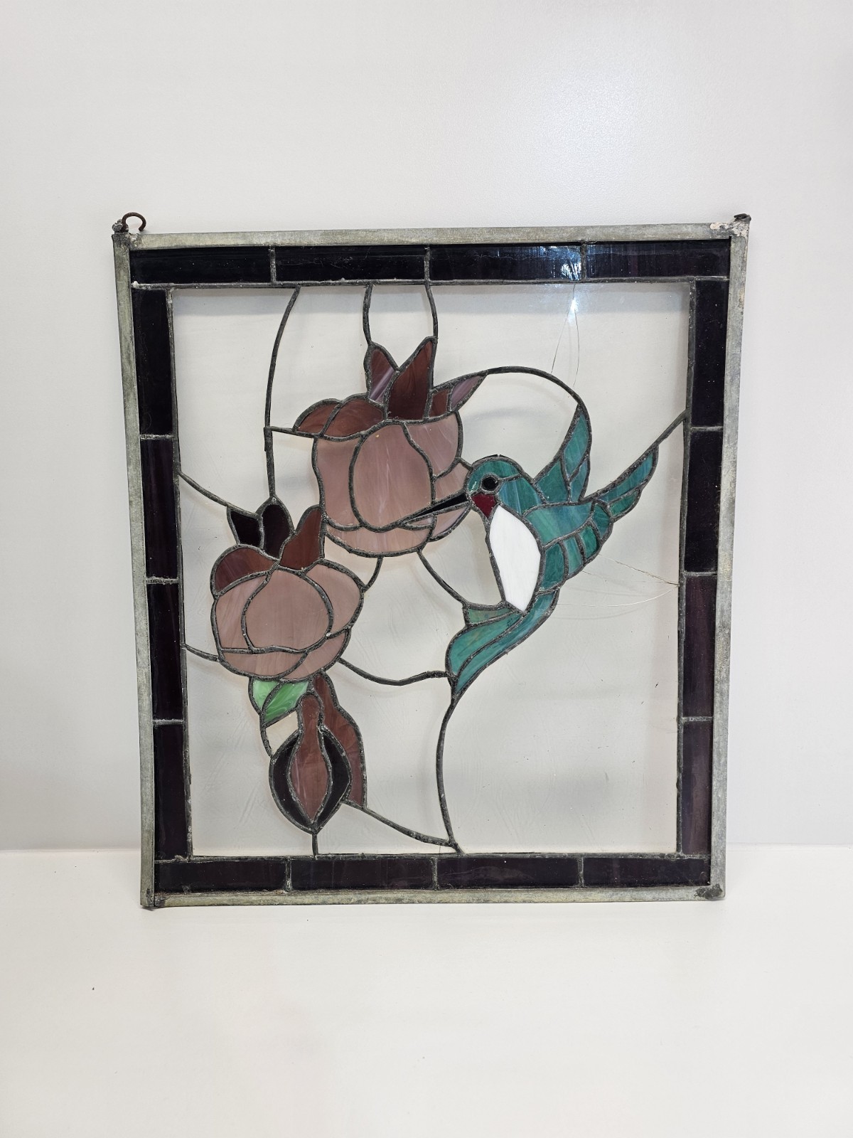 Vintage Stained Glass Window Panel Hummingbird & Rose Floral Leaded Art 18×20