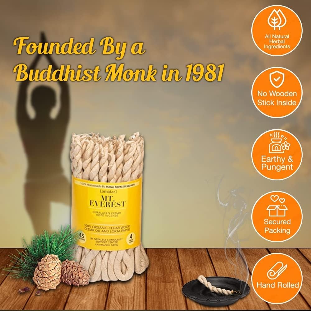 Rope Incense Burner with Himalayan Cedar Rope Incense 45 Pcs – 4 inch Long Each