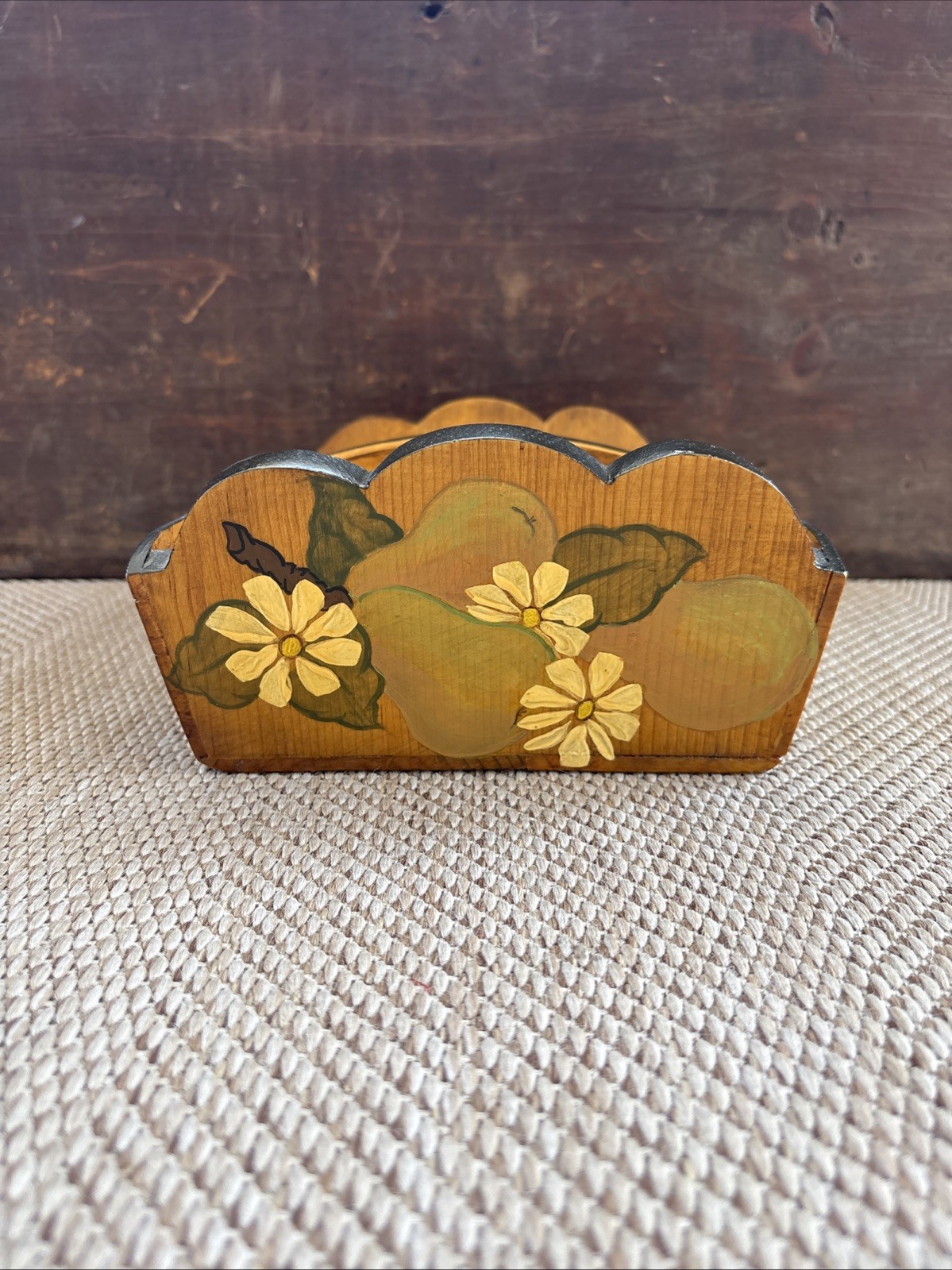 Hand Painted Wooden Caddy Folk Art Tole Floral Fruit Holder Organizer
