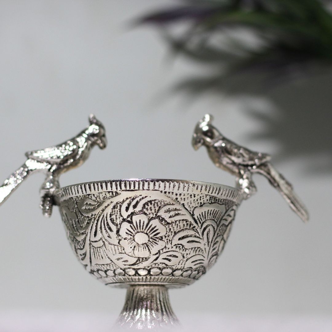 Handcrafted Silver Decorative Bowls Set | Floral Engraved Pair