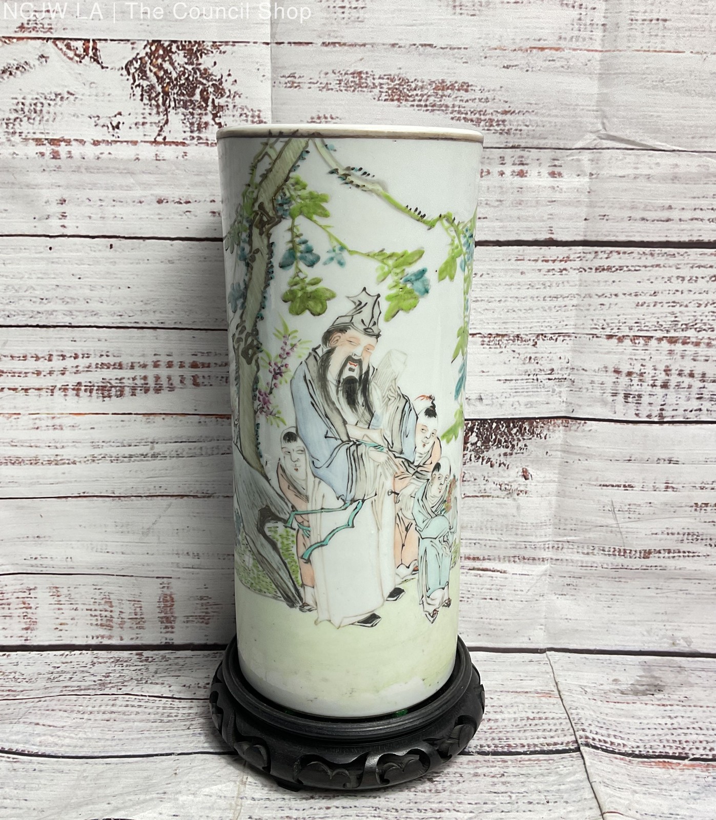 Vintage Mid 20th Century Chinese Cylindrical Vase with Stand Multicolor