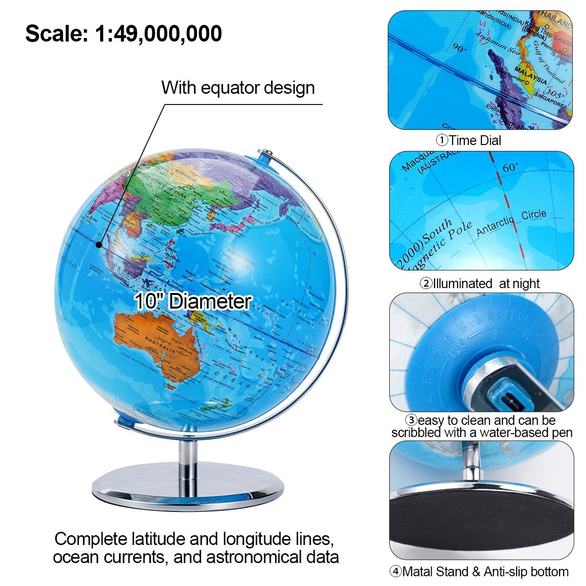 Large 3D World Globe Earth Ocean Rotating World Map Geography w/ Stand Desktop