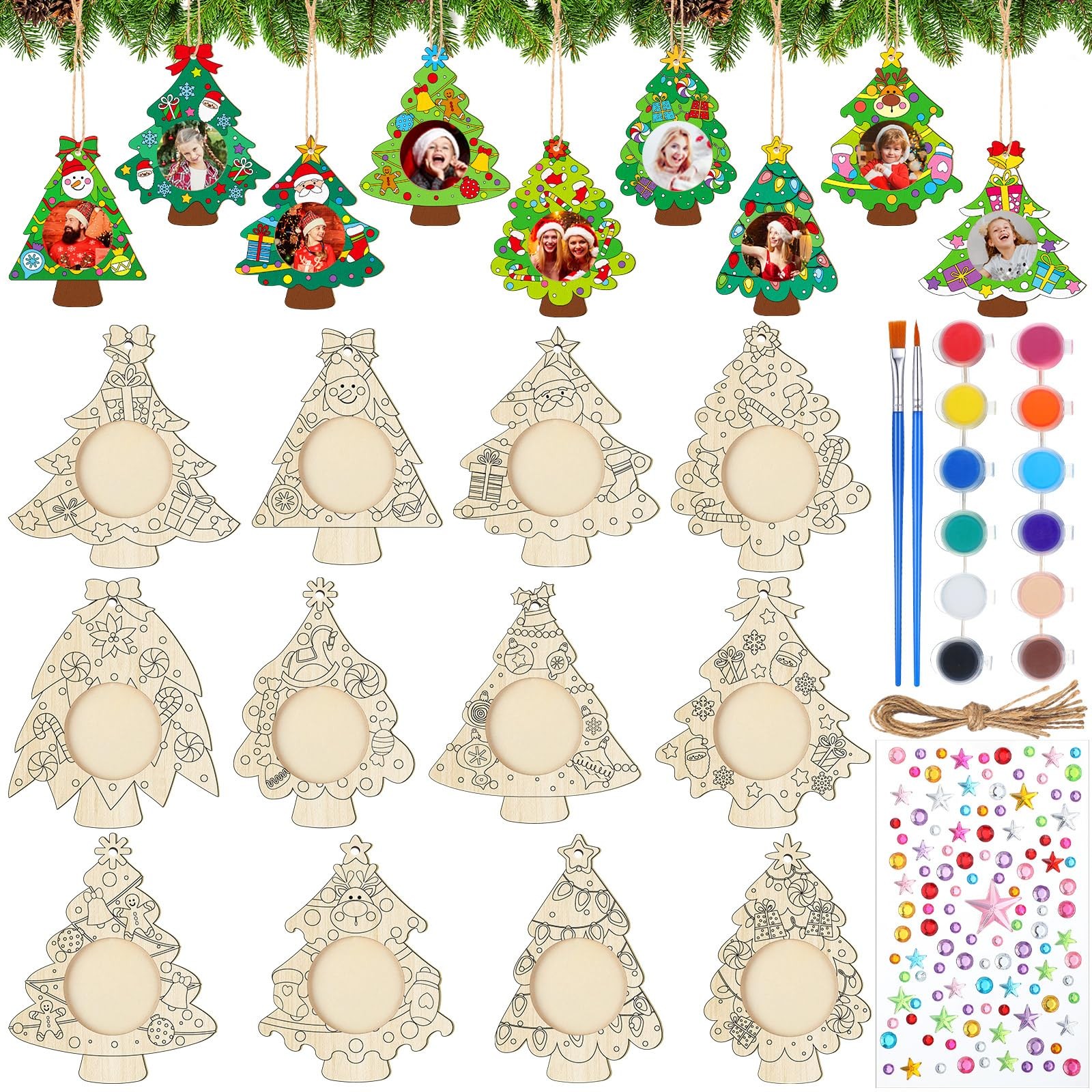 12 Pcs Unfinished Wood Christmas Picture Frame 12 Styles DIY Christmas Tree P…