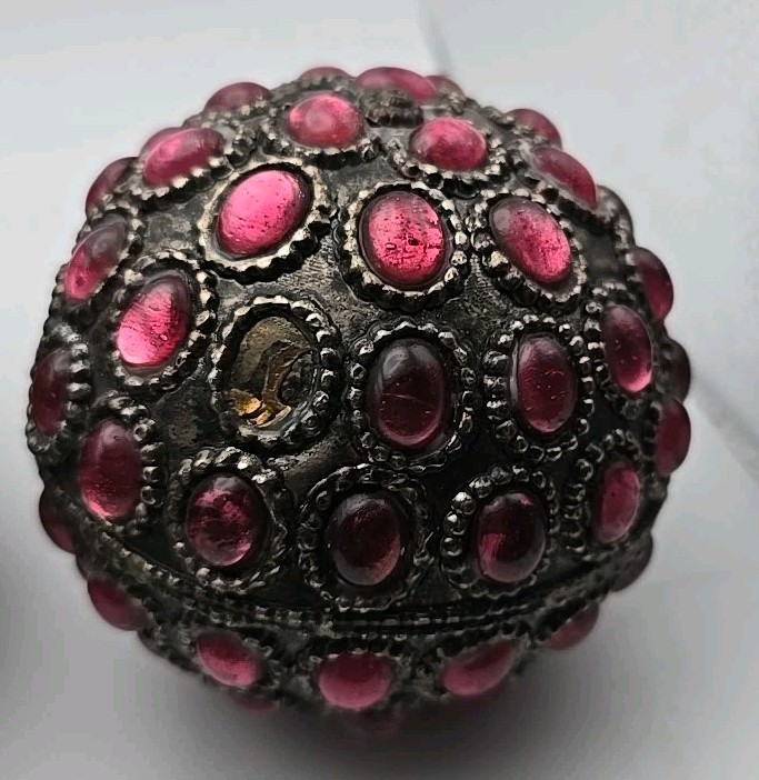 Vintage Bronze Metal Carpet Balls with Red Accent Some Missing. 2 -4&Prime; 1-6&Prime; balls