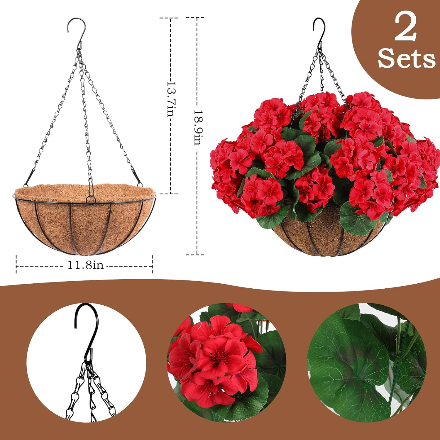 2 Set Artificial Red Geraniums Flowers for Outdoors with Hanging Baskets, 2 Hang