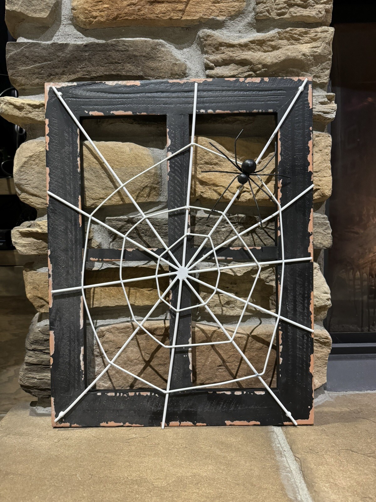 Distressed Halloween Metal Wood Spun Spiders Web Window Wall Decor