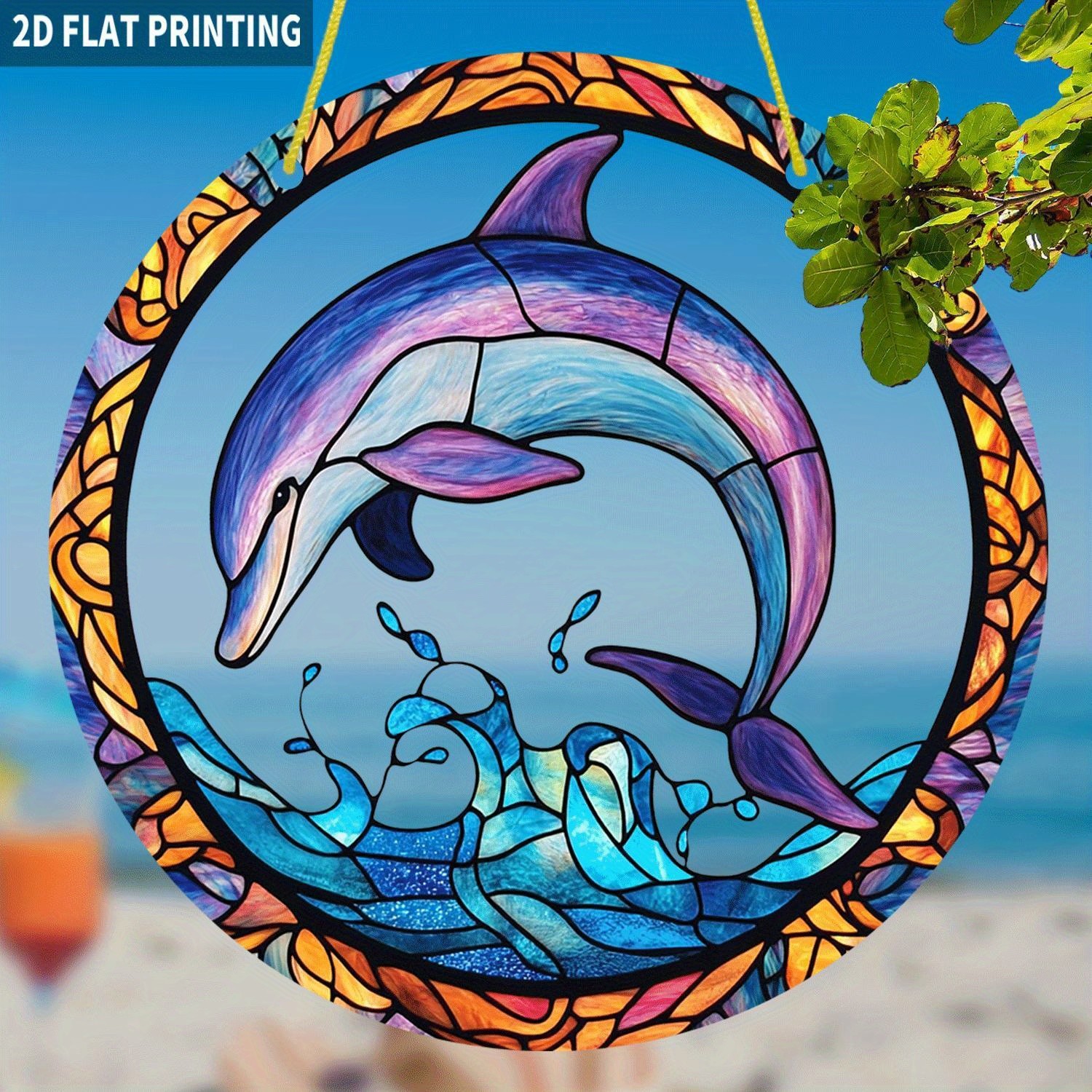 Leaping Dolphin Ocean Wave Round Acrylic Suncatcher Coastal Window Hanging Decor