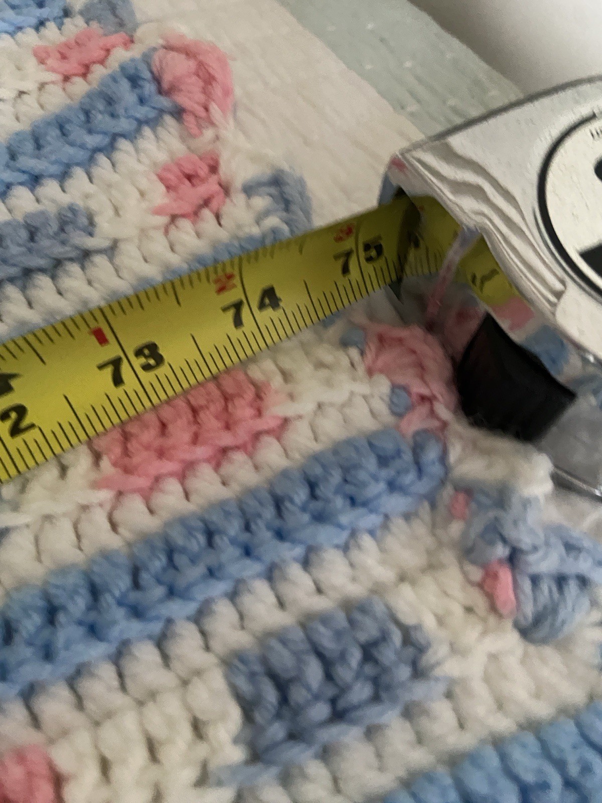 Crochet Quit Pink Blue White Striped Handmade Acrylic Yarn 75 x 33.5 In