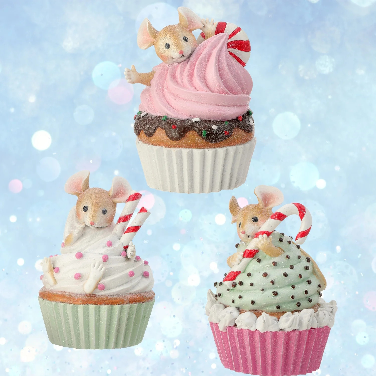 Mini Mice on Cupcake with Candy Christmas Figure Set of 3